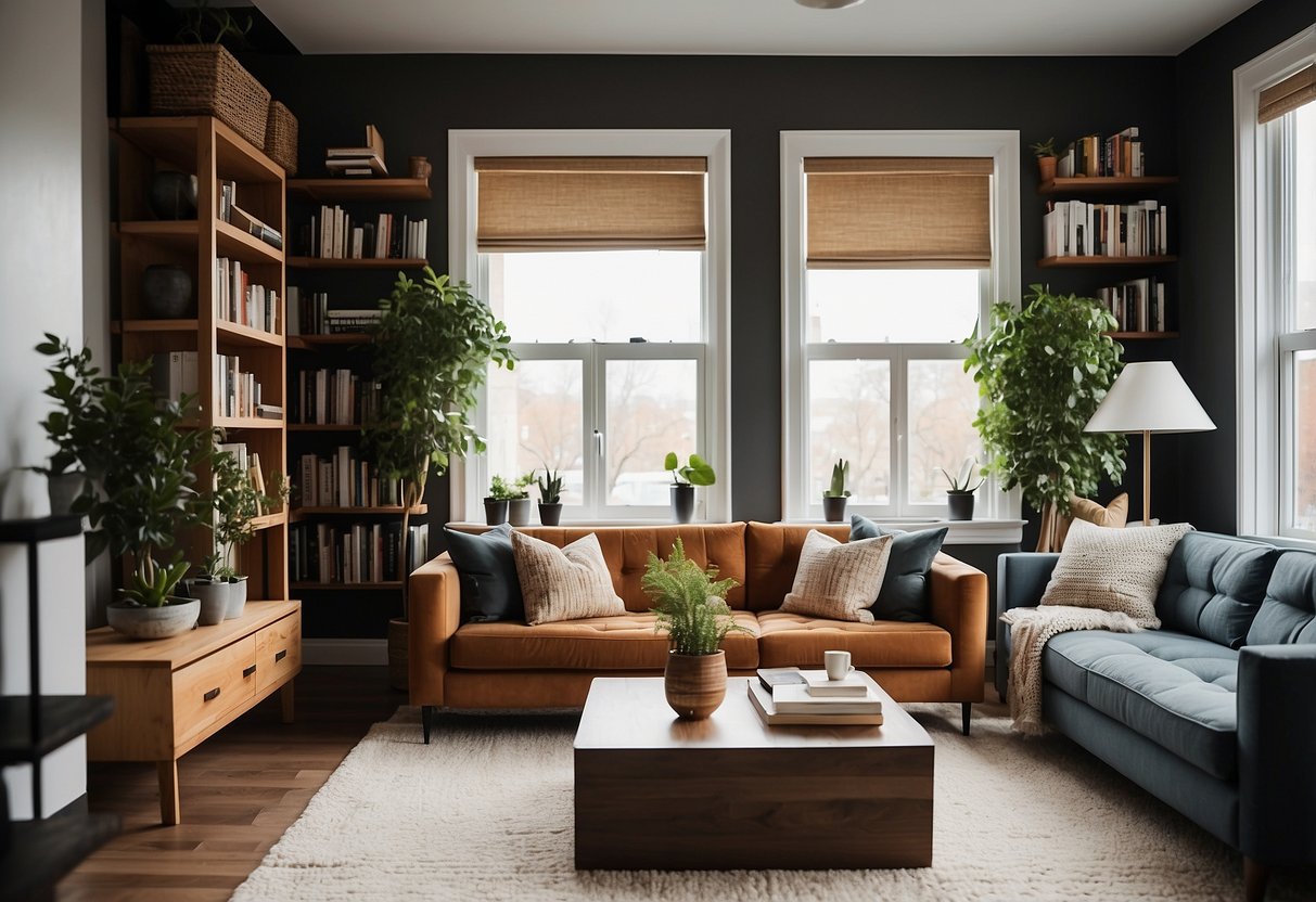 A small, cozy room with affordable, stylish furniture from budget-friendly stores. Simple bookshelves, a sleek sofa, and a modern coffee table create a trendy, inviting space