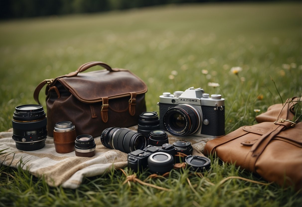 A camera, lenses, tripod, and picnic basket lay on a grassy meadow. Surrounding the gear are various photography props like flowers, a blanket, and a vintage camera