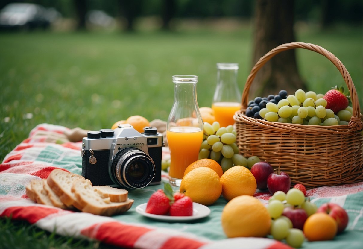 A picnic blanket spread out on green grass, surrounded by a variety of colorful fruits, sandwiches, and drinks. A vintage camera and a basket of flowers add a charming touch to the scene