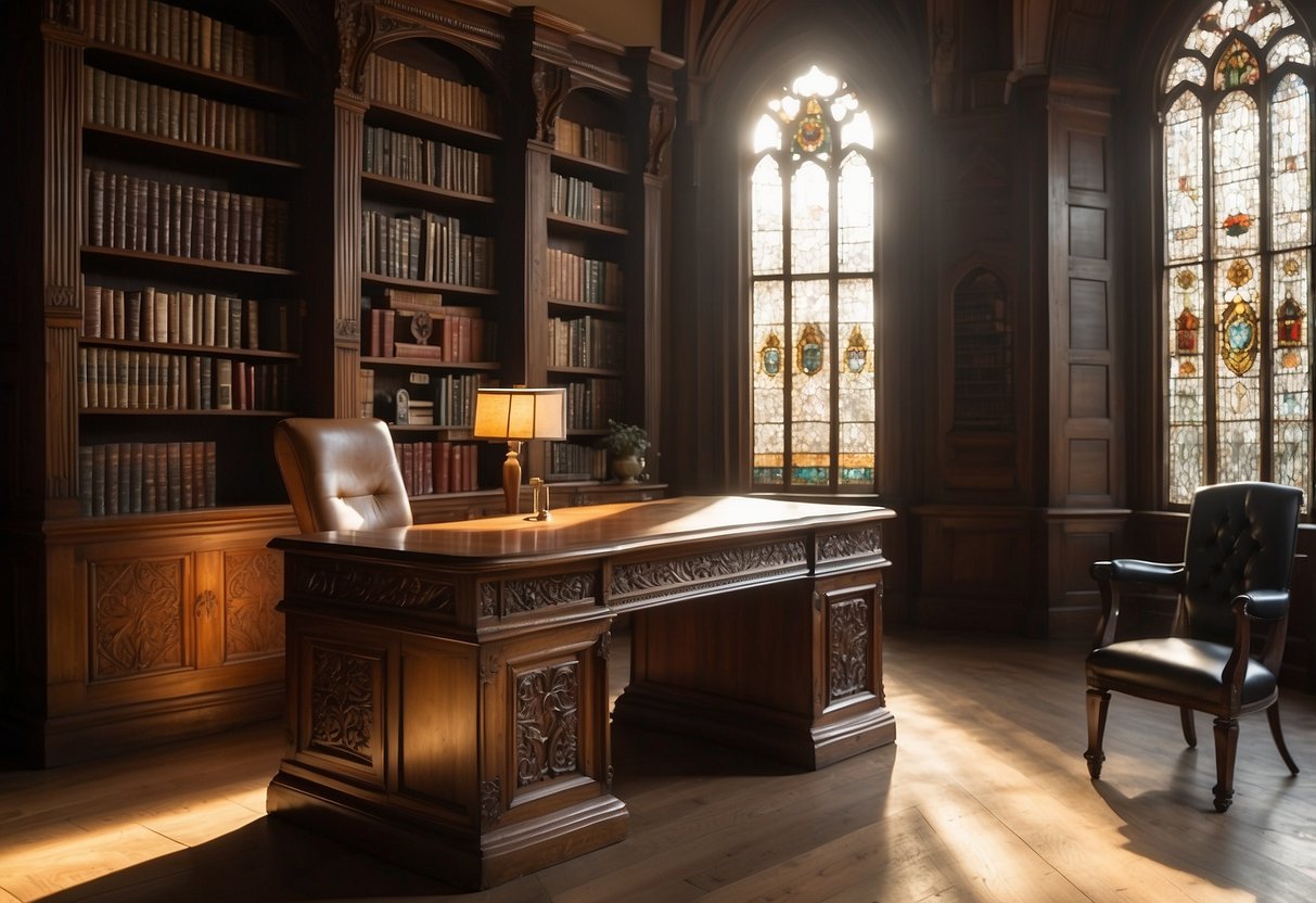 A grand oak desk with ornate carvings, surrounded by elegant chairs. A bookshelf filled with leather-bound volumes. Sunlight streaming through a stained glass window, casting colorful patterns on the rich, polished wood