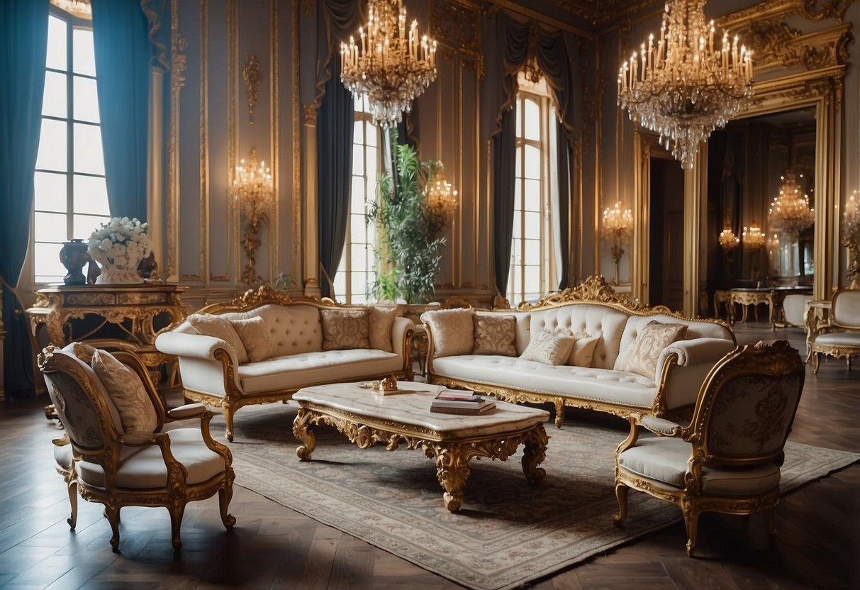 A grand, ornate Louis XVII furniture set fills a lavish palace room, featuring intricate carvings, gilded accents, and luxurious upholstery