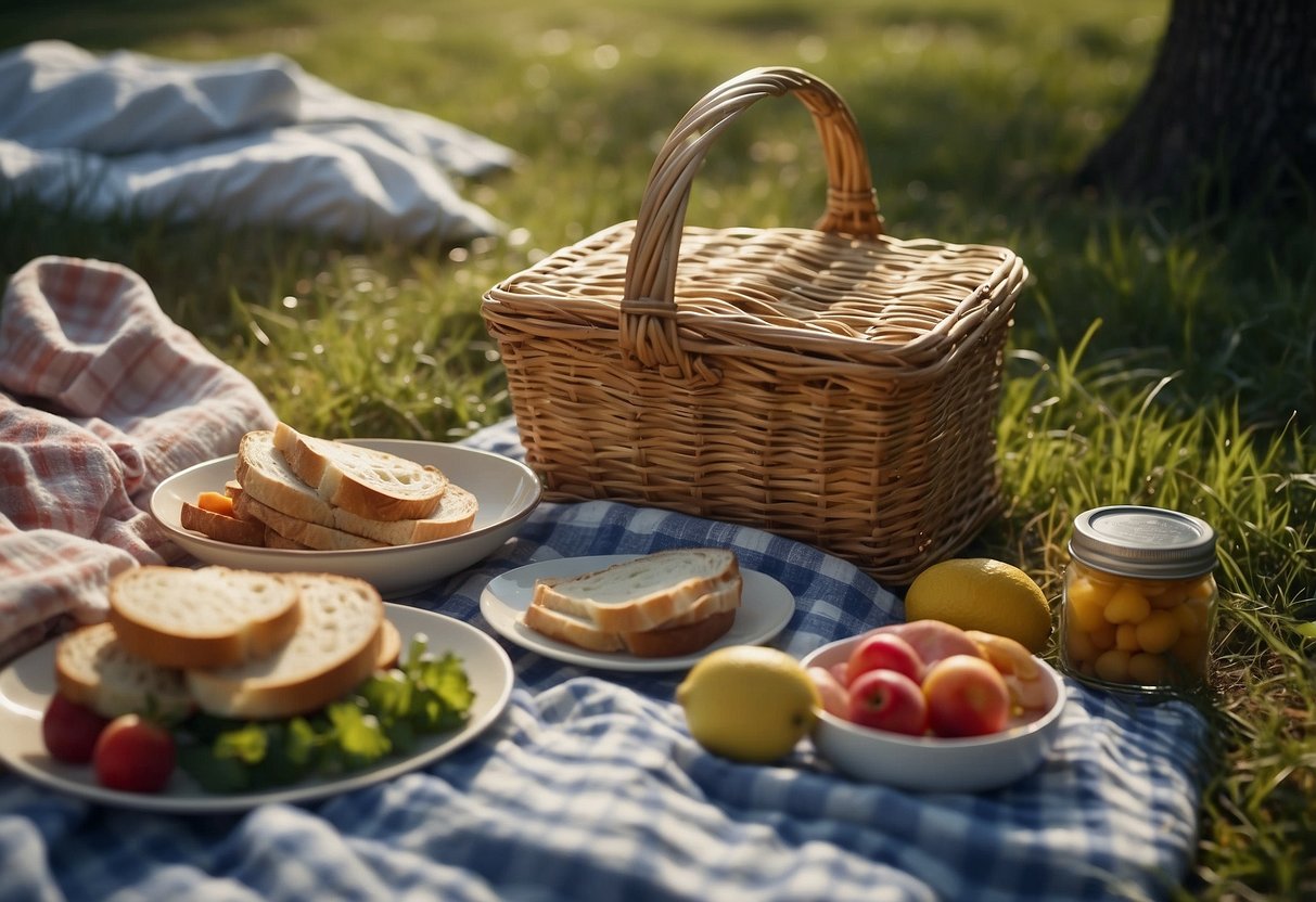 A picnic blanket flaps in the wind, with items like a basket, sandwiches, and drinks secured with weights or clips. Trees sway in the background, and the sky is filled with clouds