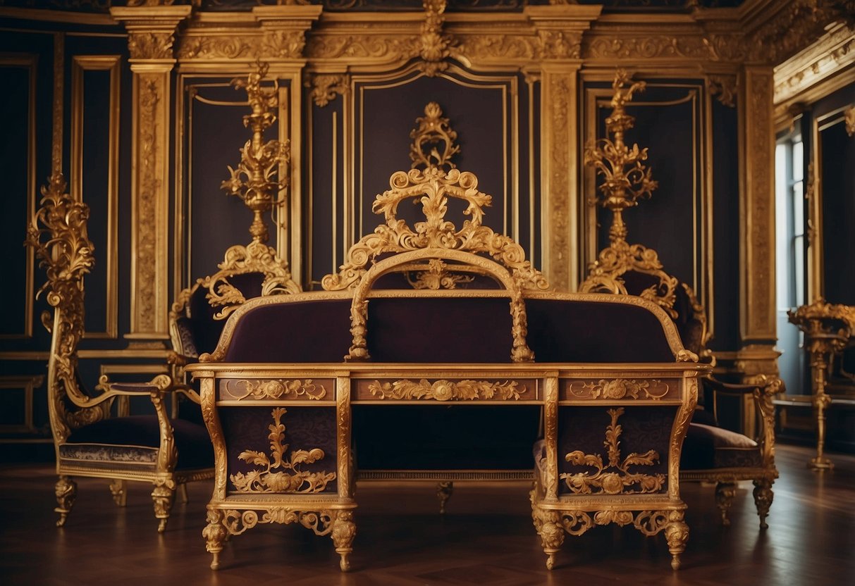 Opulent Louis XVII furniture, ornate carvings, intricate marquetry, and gilded details. Rich fabrics and luxurious finishes