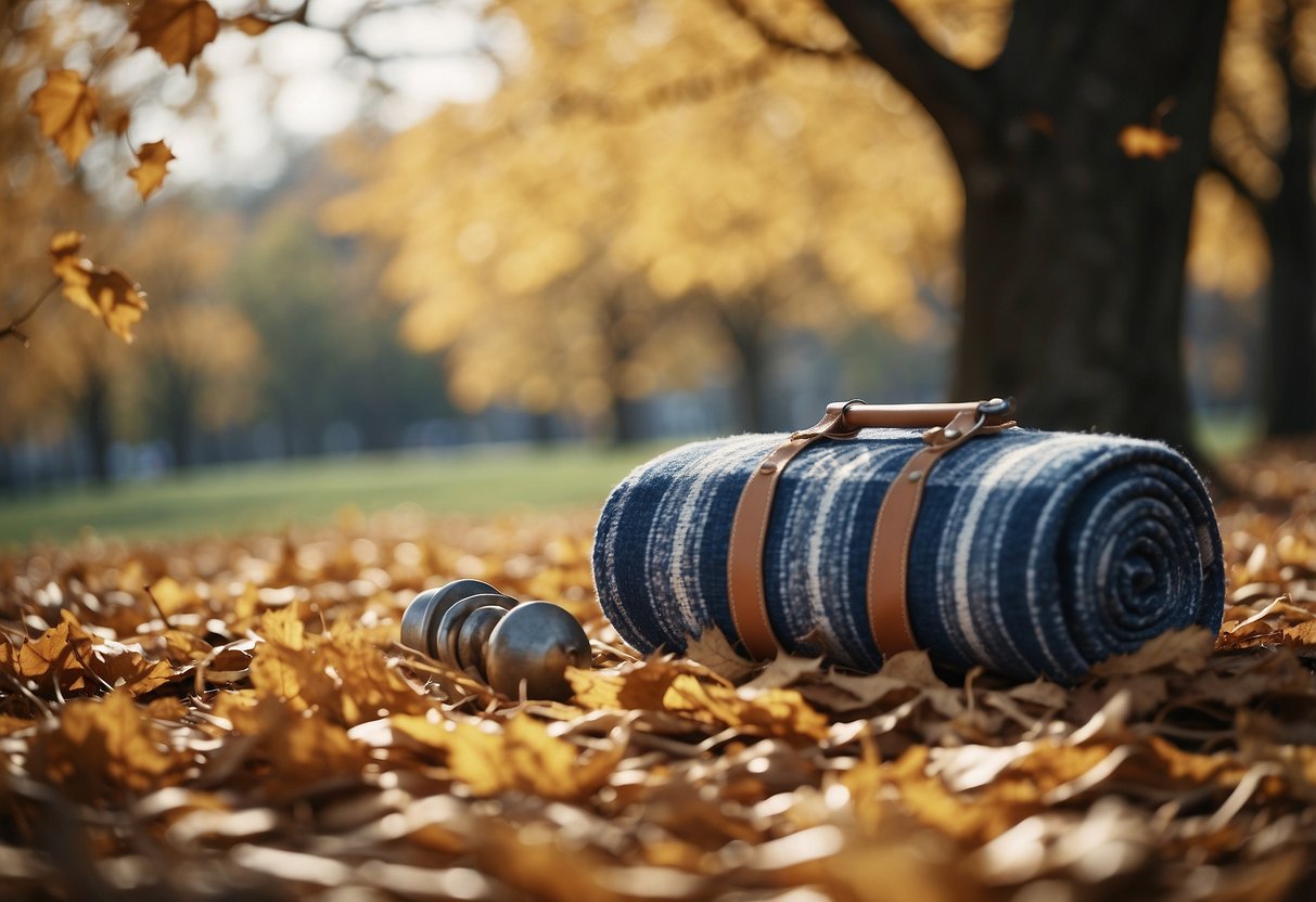 A picnic blanket anchored with weights against a gusty wind, surrounded by flying leaves and swaying trees