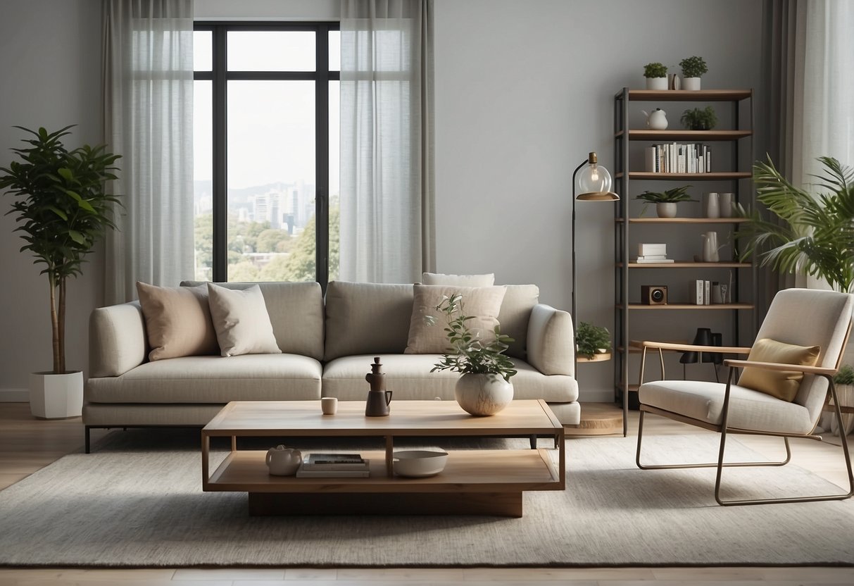 A modern living room with sleek furniture, clean lines, and neutral colors. A comfortable sofa, a stylish coffee table, and minimalist shelves