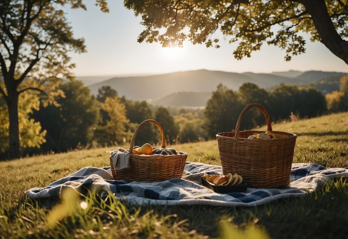 A secluded hilltop with sturdy trees, a clear view, and a flat, grassy area for blankets and baskets. The wind gently rustles the leaves and sways the branches, but doesn't disturb the picnic setup