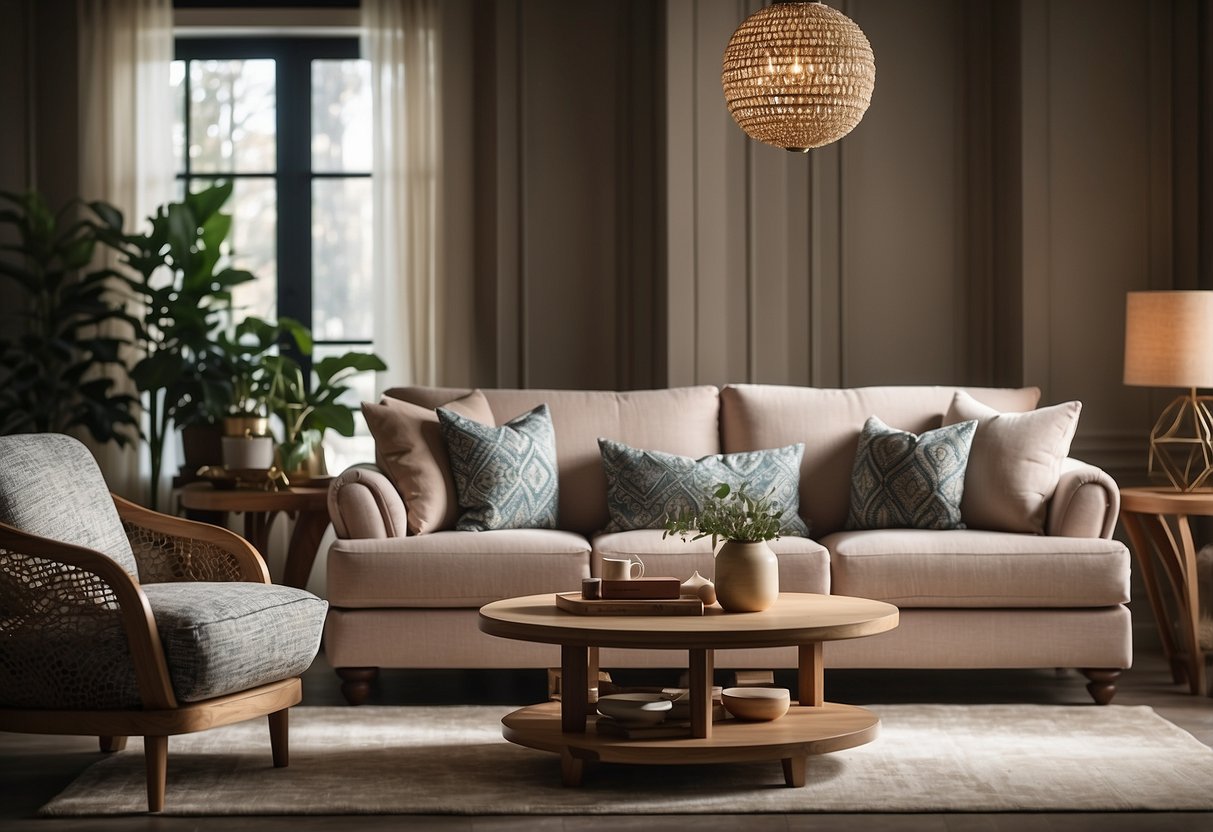 A cozy living room with a Liberty Furniture Range display, featuring elegant wooden tables, stylish chairs, and a luxurious sofa set