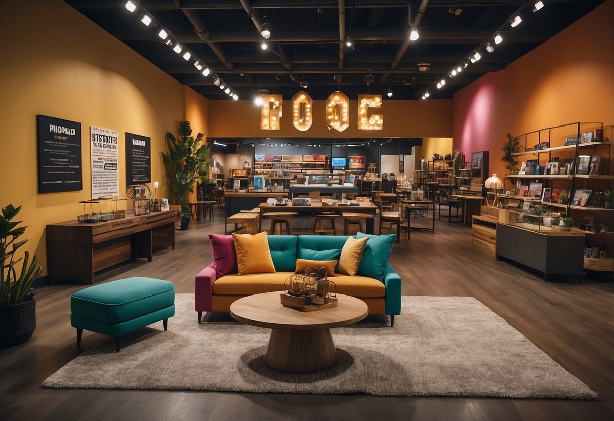 A colorful store interior with modern furniture displays and a prominent "Frequently Asked Questions" sign. Customers browse through cool, affordable pieces