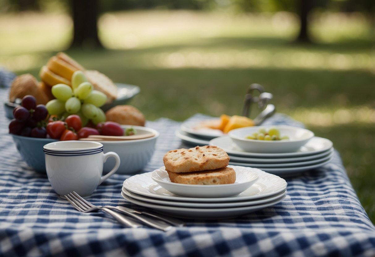 Heavy dishware sits on a picnic blanket, preventing tipping in windy conditions. Napkins and utensils are secured with clips. A tablecloth weights down the corners