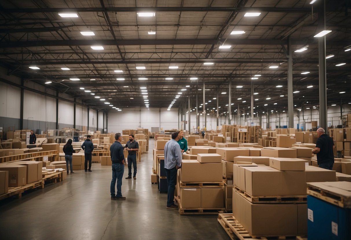 The warehouse buzzes with activity as customers browse through the vast selection of furniture. Service representatives are seen assisting and guiding customers with their inquiries and purchases