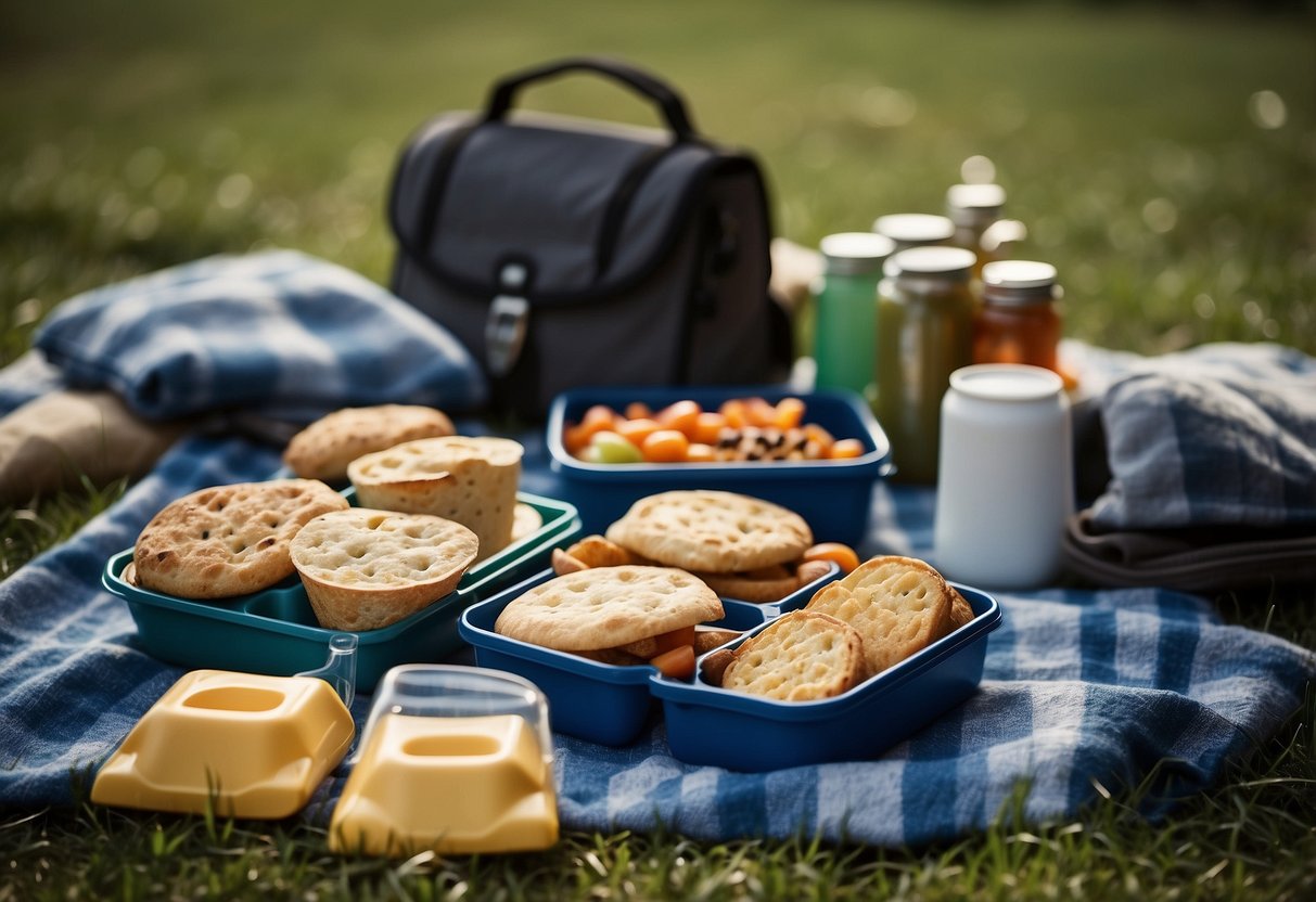 Picnic scene: Covered food containers secured with clips, placed on a sturdy picnic blanket, surrounded by weighted items to prevent them from blowing away in windy conditions