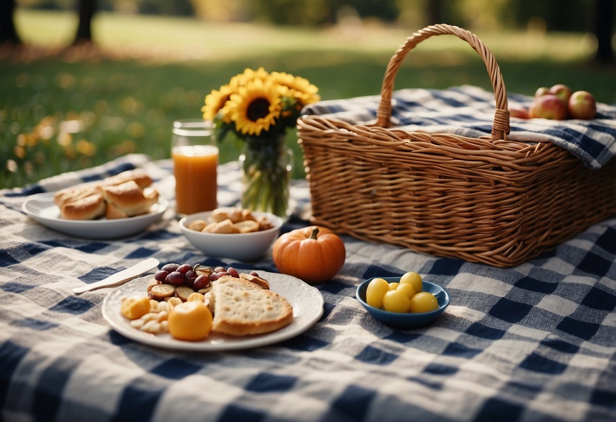 A family picnic scene with a checkered blanket and a wicker basket surrounded by blowing leaves and a fluttering tablecloth