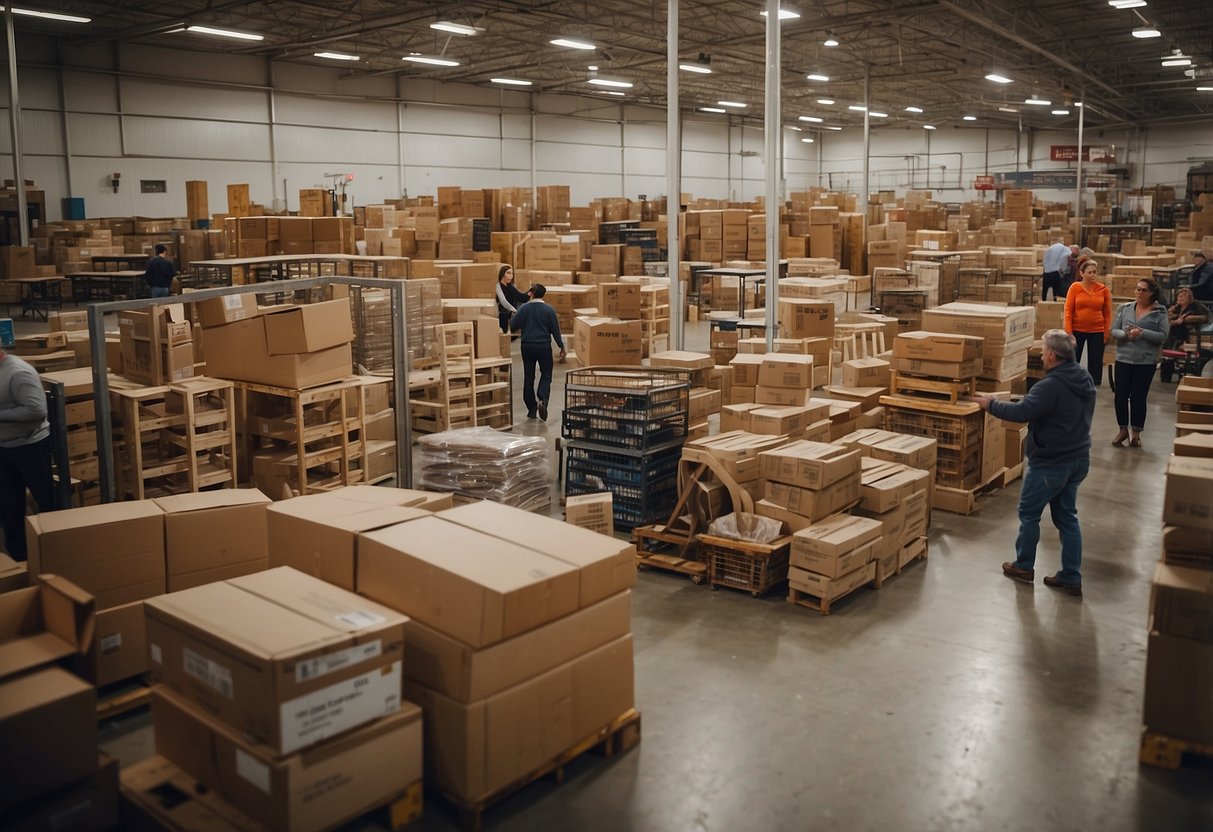 The Havelock furniture warehouse bustles with customers and staff, navigating through rows of neatly stacked furniture. Signs labeled "Frequently Asked Questions" are prominently displayed throughout the store