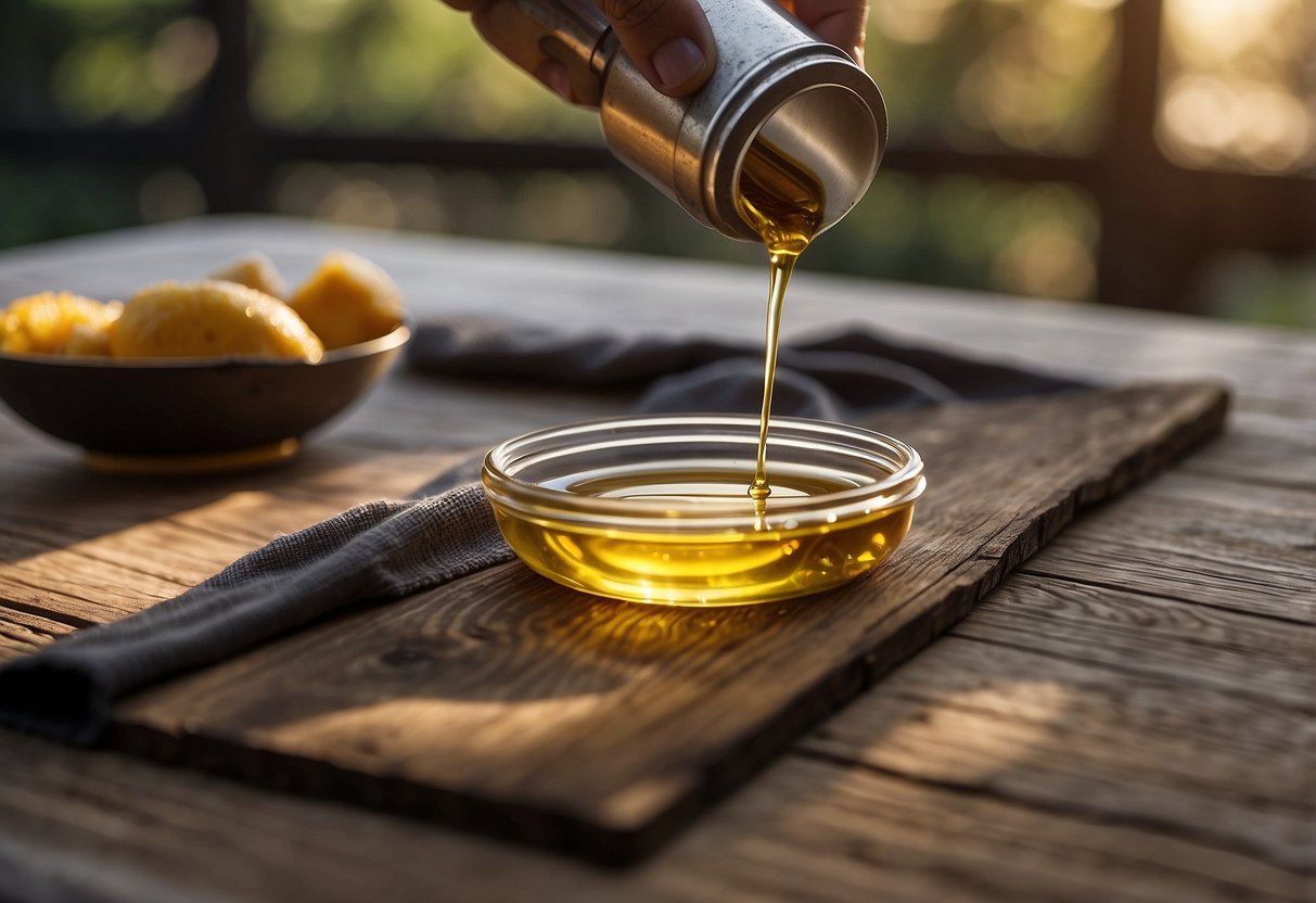 A hand pours oil onto a wooden table, spreading it with a cloth