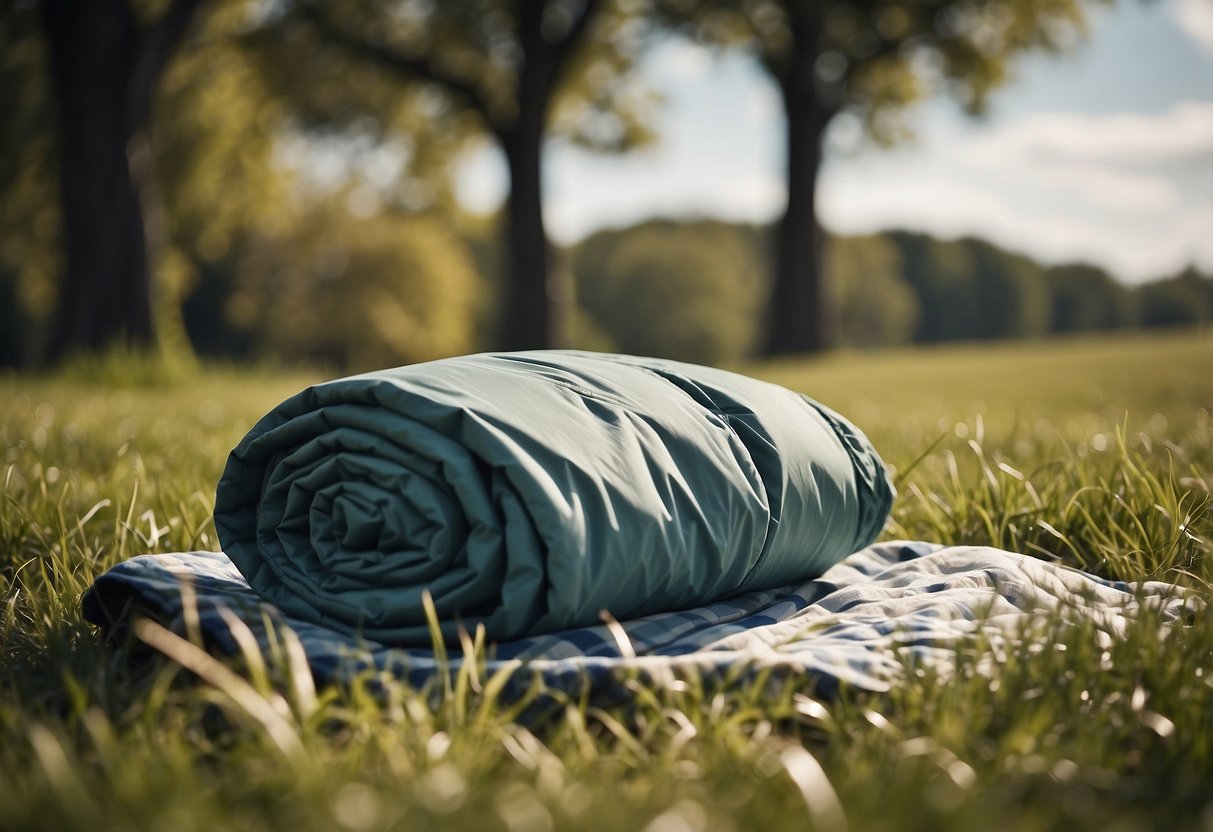 A picnic blanket billows in the wind, with a windbreaker jacket laid out neatly on top. The surrounding grass and trees sway in the breeze, indicating windy conditions