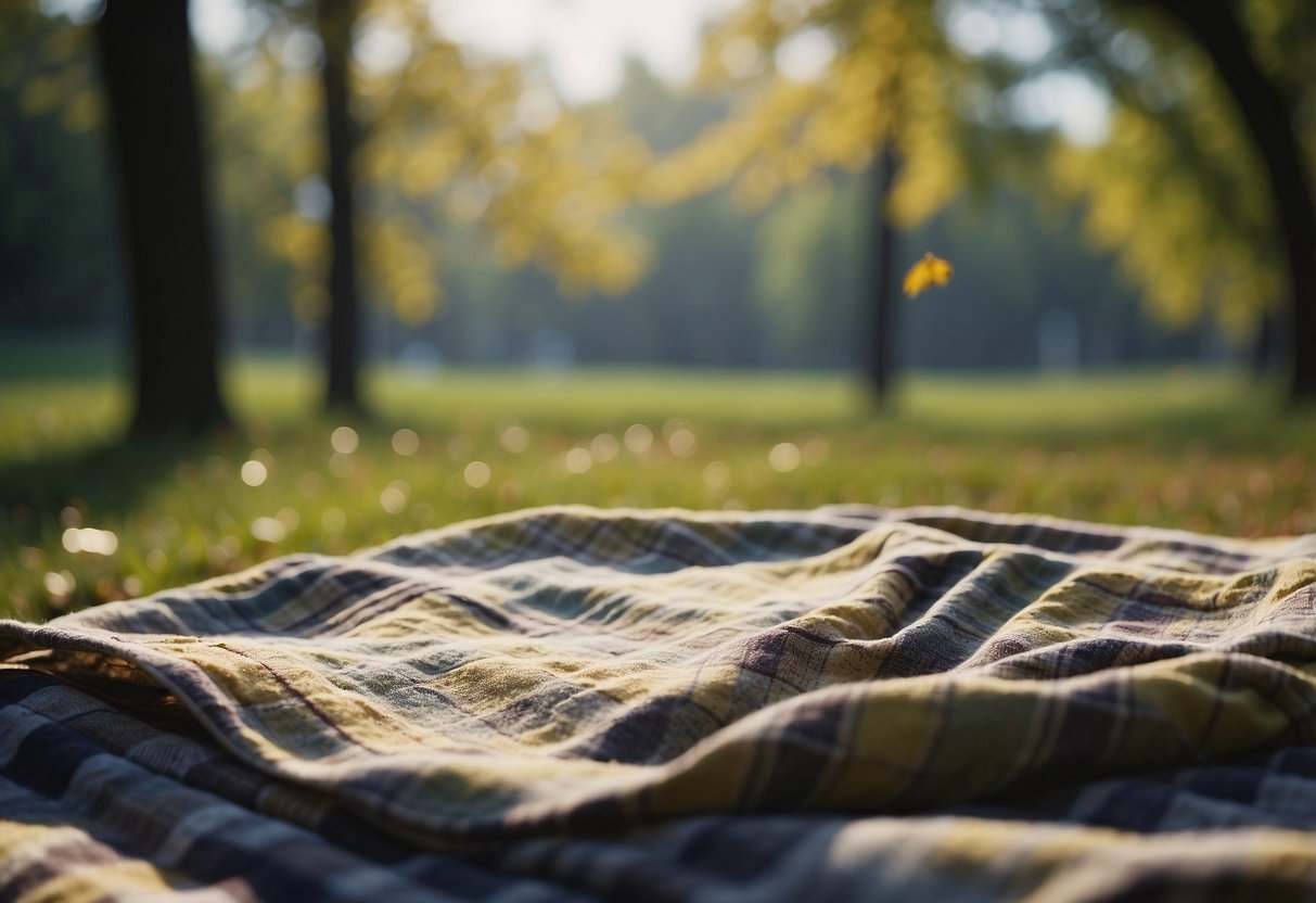 A picnic blanket flutters in the wind, while nearby trees sway and leaves rustle. Dust and small debris are carried through the air, indicating strong wind patterns