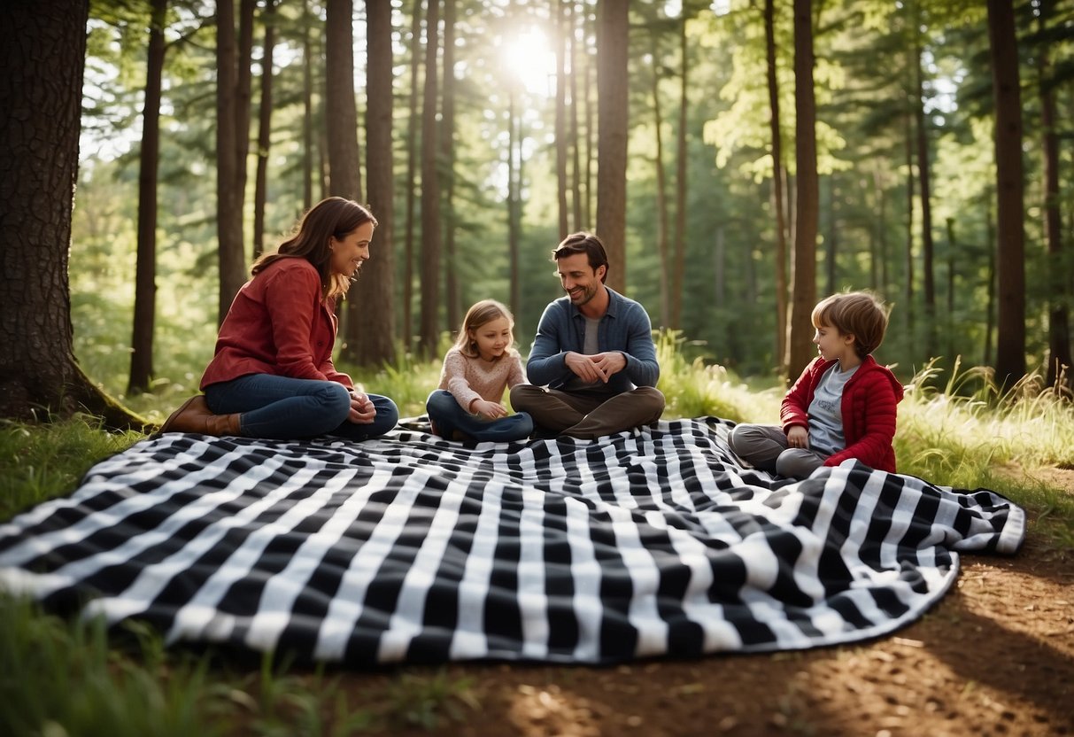 A family spreads out a checkered blanket in a sheltered area surrounded by tall trees, with a clear view of the sky and a nearby stream