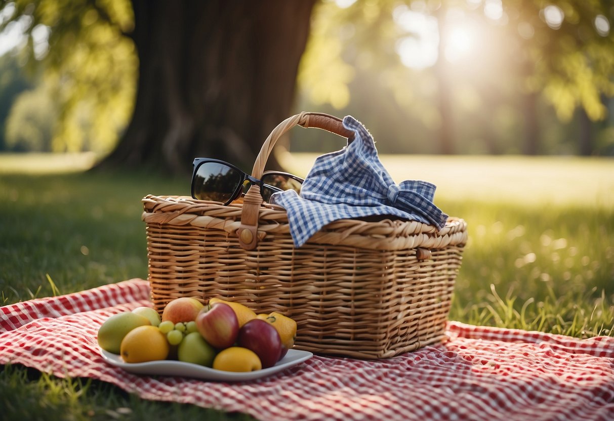 A picnic blanket and basket secured with heavy objects, items like hats and sunglasses weighed down, trees and grass bending in the wind