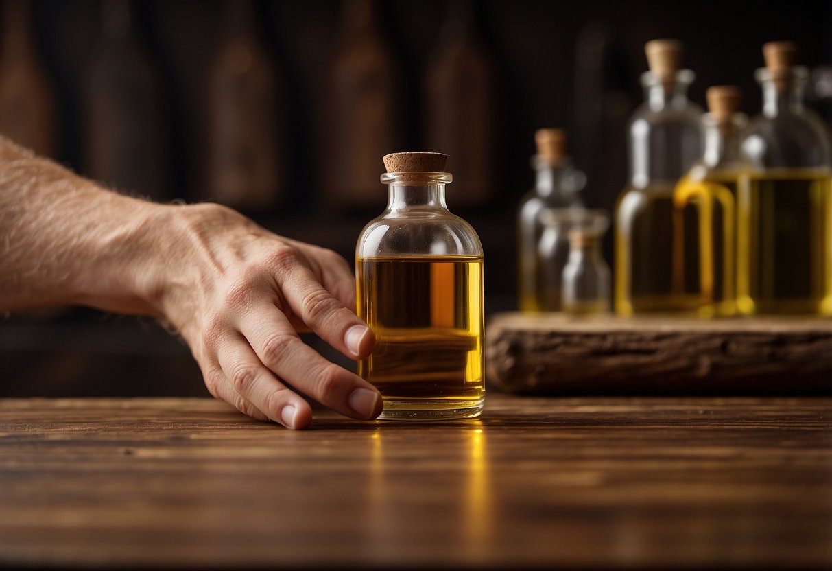A hand reaching for a bottle of wood oil next to a polished wooden table, with various types of wood and finishes displayed in the background