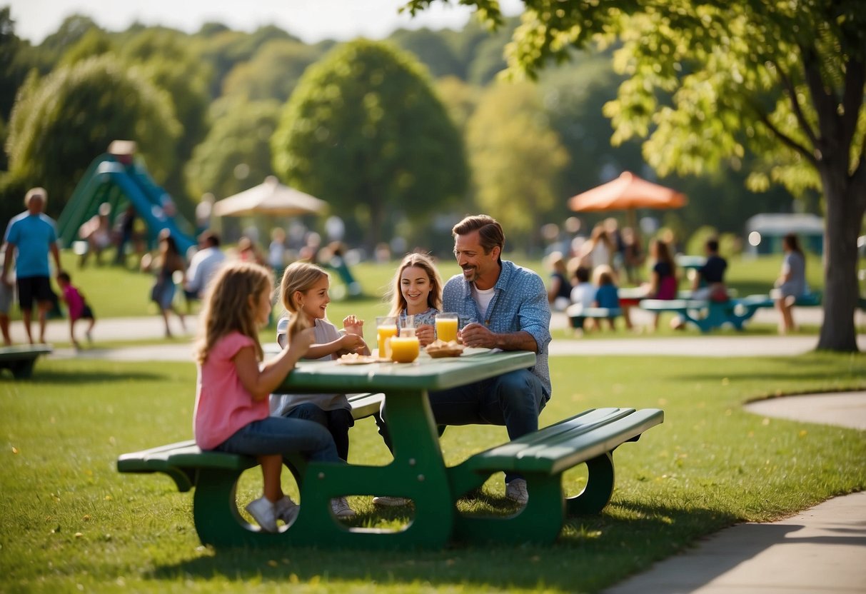 Families enjoying picnics at scenic spots with playgrounds nearby. Green grass, picnic tables, and playground equipment in the background