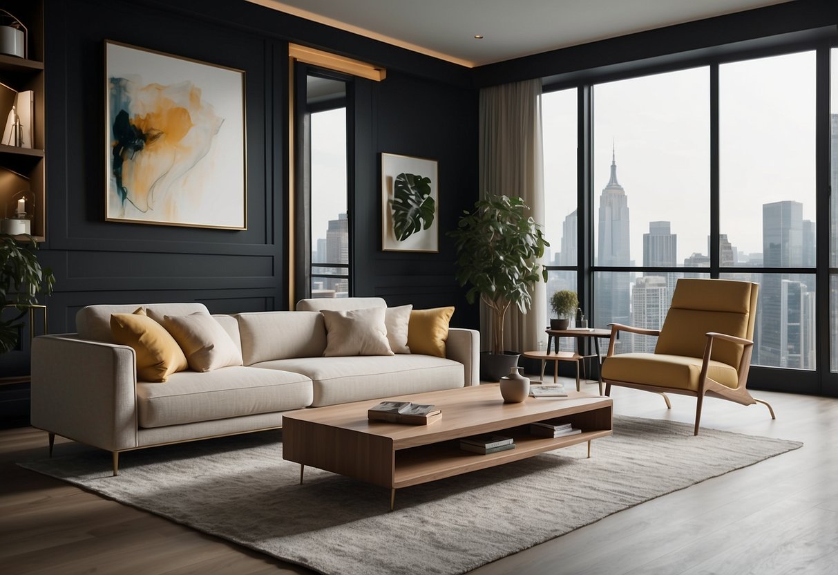 A room with a modern, spacious layout. A sleek and stylish furniture set is arranged neatly, with a focus on a Liberty brand piece