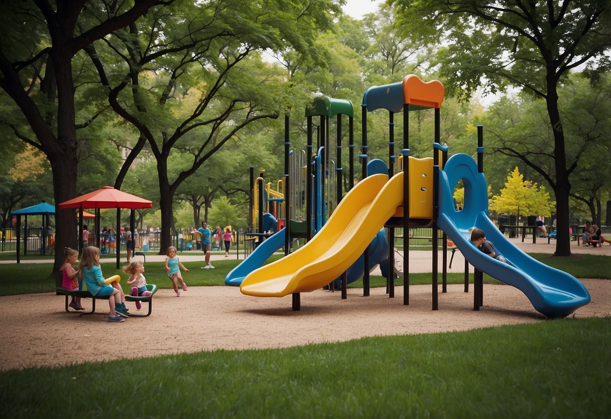 Children play on colorful playground equipment surrounded by lush greenery in Millennium Park, Chicago. Families gather on picnic blankets in designated areas, enjoying the scenic views and vibrant atmosphere