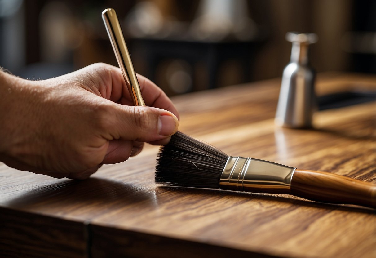 A hand holding a brush applies wood oil to a table, ensuring even coverage and a glossy finish. A cloth is used to wipe away excess oil, leaving the wood looking rich and well-maintained