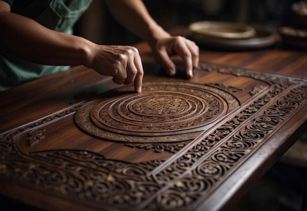 A skilled artisan meticulously carves intricate designs into a rich, dark rosewood table, showcasing the craftsmanship and care put into creating oriental furniture