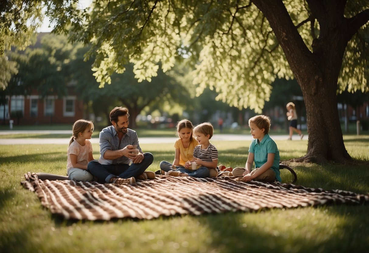 A family spreads out a checkered blanket under a shady tree in a grassy park, while children play on swings and slides nearby