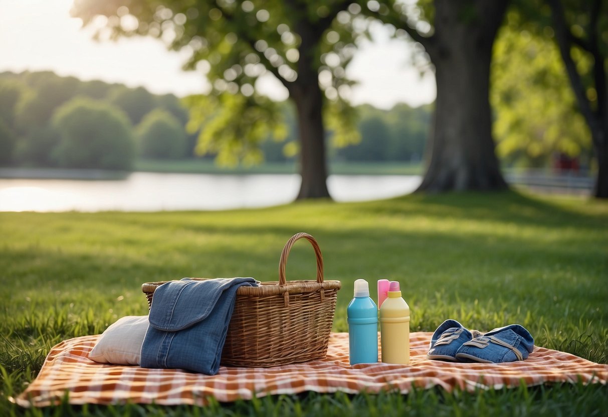 A picnic blanket, basket, cooler, and sunscreen lay on the grass near a playground. Trees and a lake provide a scenic backdrop for the perfect family picnic