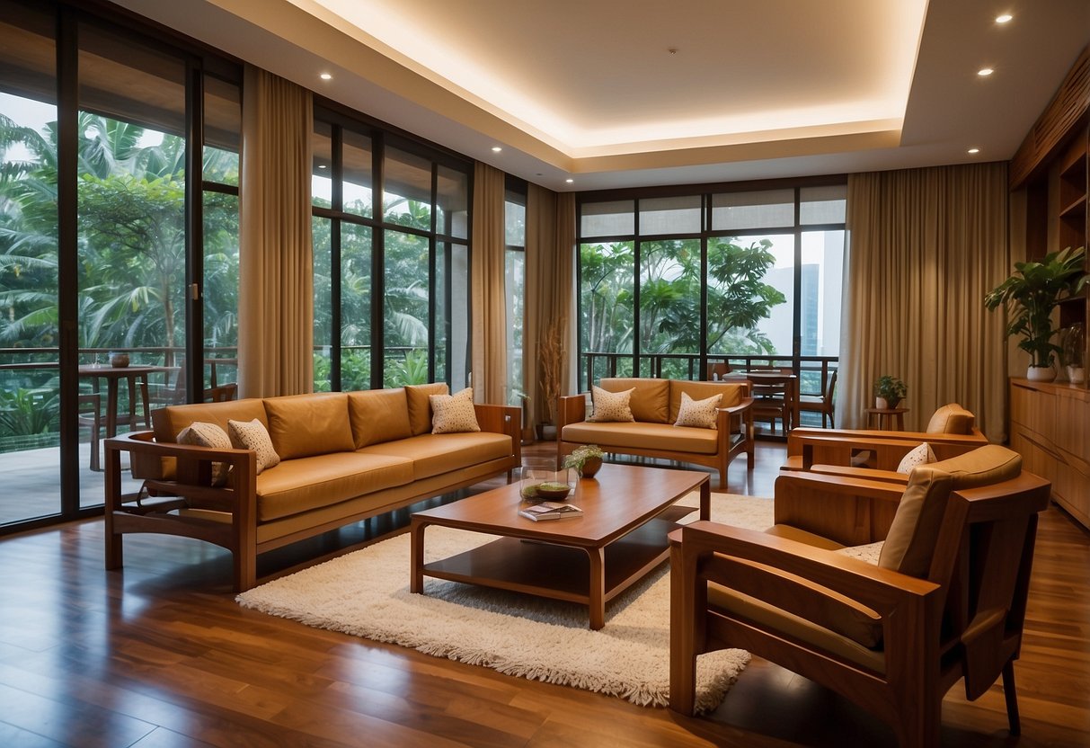 A spacious living room adorned with custom-made teak furniture from Singapore. The rich, honey-colored wood exudes elegance and craftsmanship