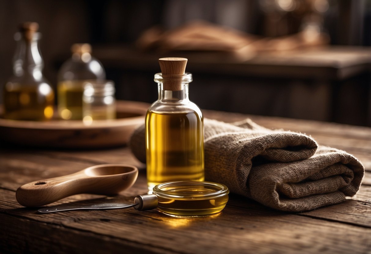 A bottle of "Frequently Asked Questions" oil sits next to a wooden table, with a brush and a cloth nearby. The oil is being applied to the table, enhancing its natural beauty