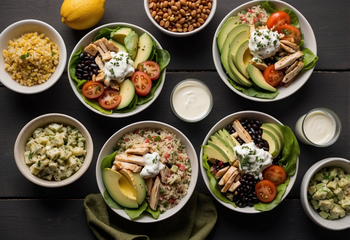 A picnic spread with protein-packed dishes: grilled chicken salad, quinoa and black bean salad, turkey and avocado wraps, and Greek yogurt parfaits