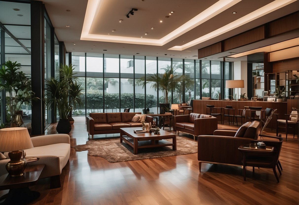 A showroom with elegant rosewood furniture, customers browsing, and a sign reading "Frequently Asked Questions" in Singapore