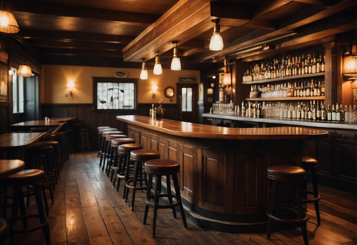A cozy pub with wooden tables, chairs, and a bar. Warm lighting, beer taps, and shelves of liquor bottles. A fireplace crackles in the corner