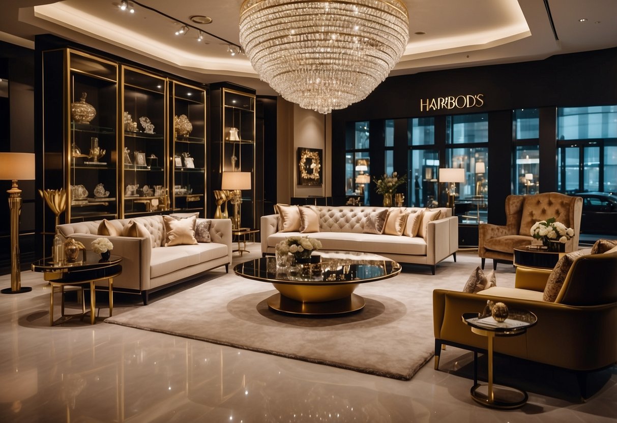 A luxurious showroom displays Harrods Furniture Collections, featuring elegant and modern pieces in a sophisticated setting
