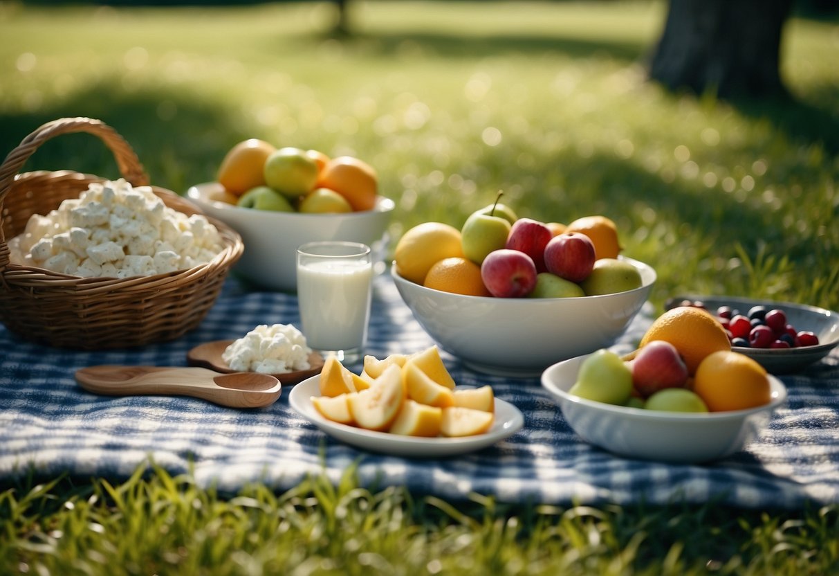 A picnic blanket spread with cottage cheese and fruit bowls, surrounded by green grass and dappled sunlight