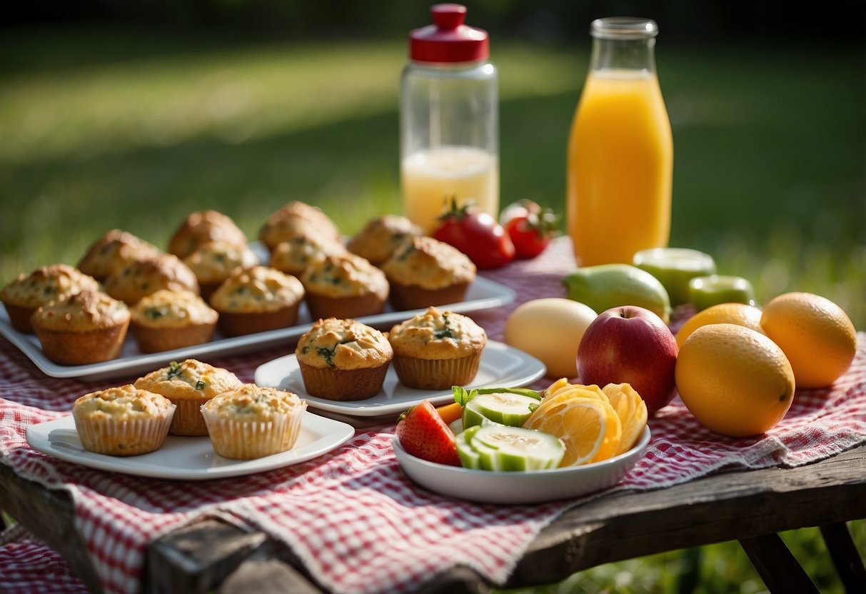 A picnic blanket spread out with a colorful array of egg and veggie muffins, surrounded by fresh fruits and a thermos of refreshing drinks