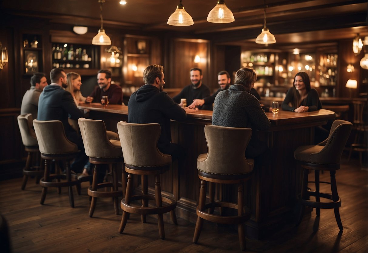 Customers sit on wooden bar stools at a high table, while others relax in plush armchairs by a fireplace. The room is filled with warm lighting and traditional pub decor