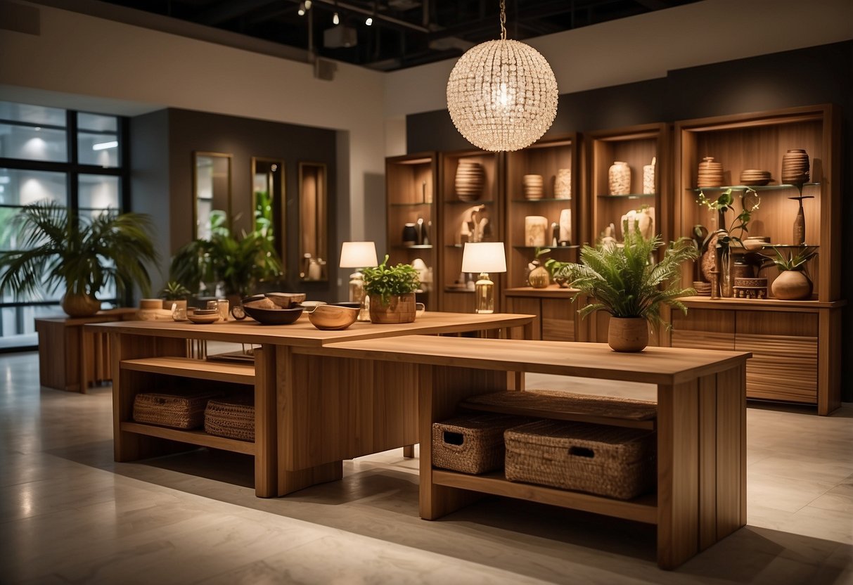 A showroom filled with custom teak furniture, showcasing elegant designs and craftsmanship. Rich, warm wood tones and intricate detailing create a luxurious and inviting atmosphere