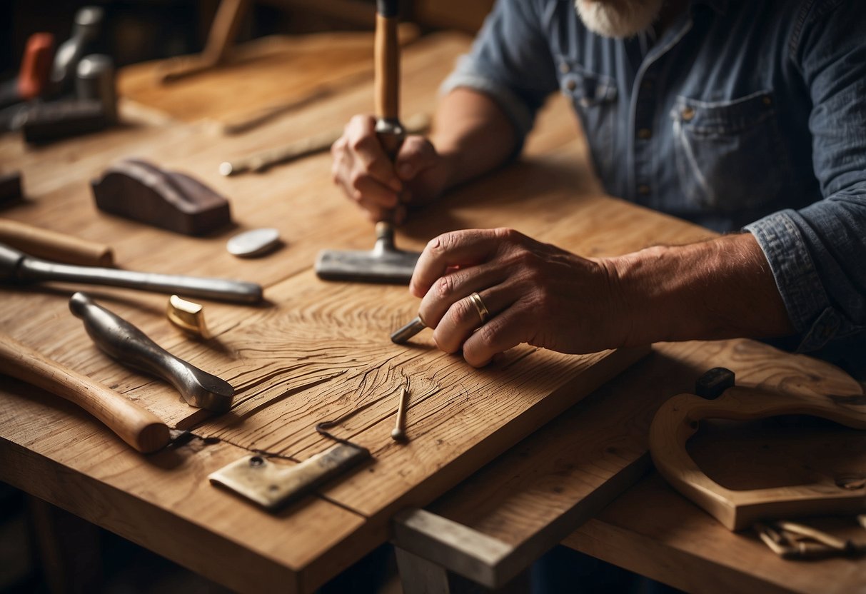 A carpenter is customizing a wooden pub table with a chisel and hammer, while a designer sketches new chair designs on a drafting table