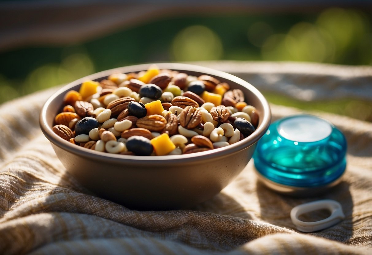 A bowl of trail mix with nuts, seeds, and dried fruits. A picnic blanket with a basket and water bottle nearby. Sunshine and greenery in the background