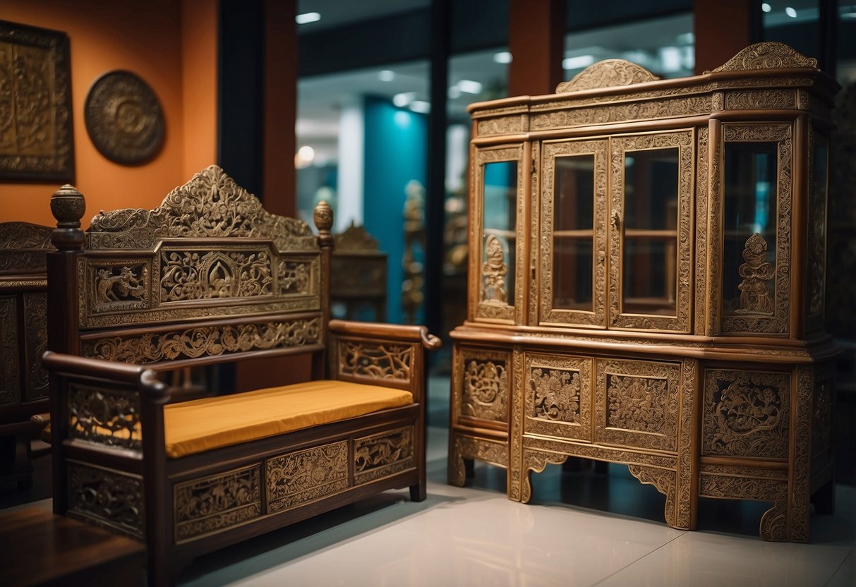 A serene showroom in Singapore showcases ornate Tibetan furniture, with intricate carvings and vibrant colors, creating a captivating and exotic atmosphere