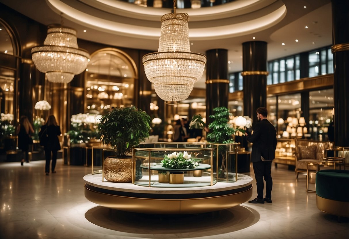 Shoppers browse luxurious furniture displays at Harrods, surrounded by opulent decor and elegant lighting
