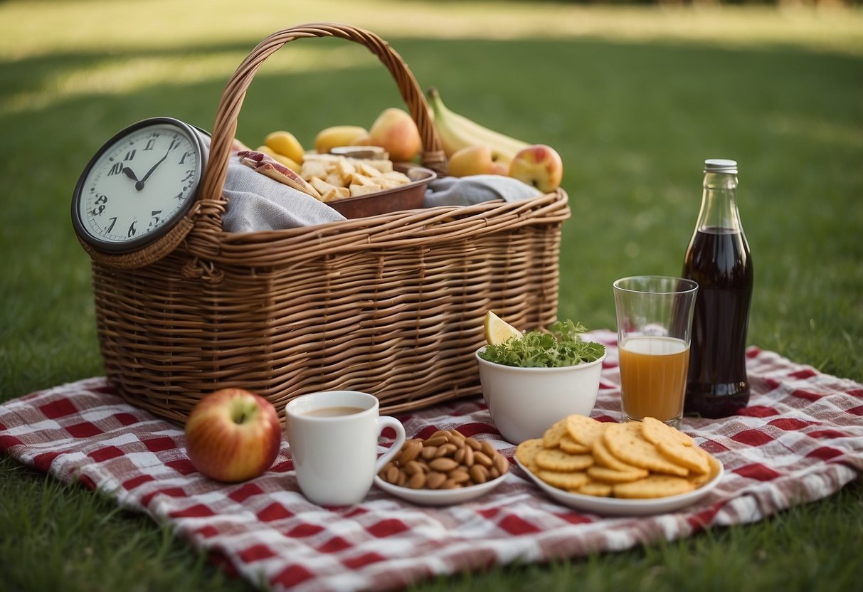 A checkered picnic blanket laid out in a grassy park, with a wicker basket filled with snacks and drinks. A clock nearby shows limited time