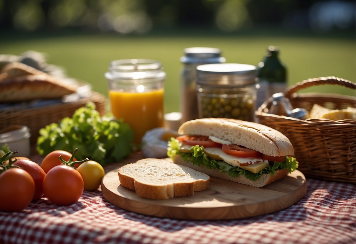 A sandwich being packed with various ingredients, a picnic basket nearby, a clock showing limited time