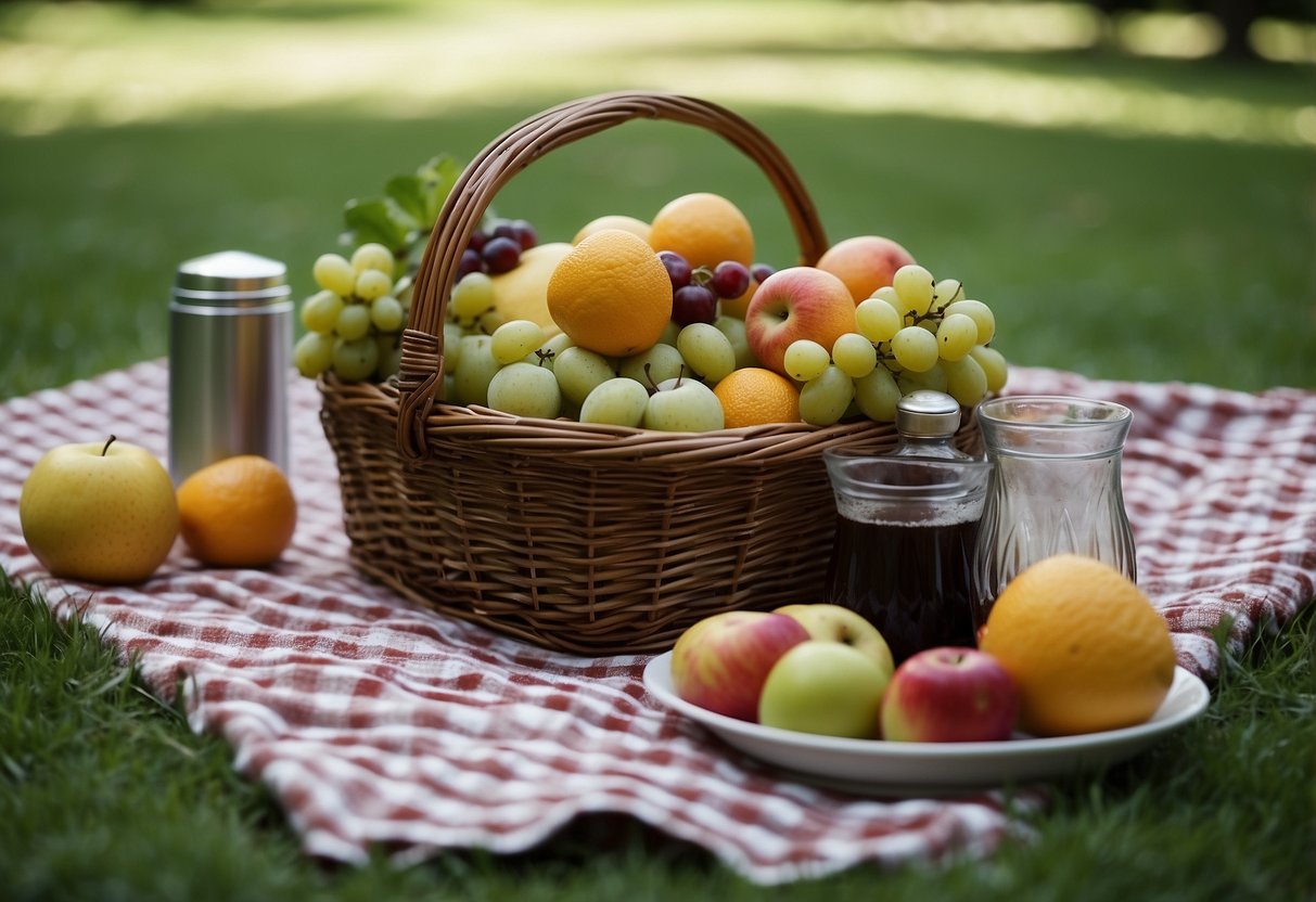 A picnic blanket spread with pre-cut fruits, a basket with a checkered cloth, a thermos, and a timepiece, surrounded by a lush green park