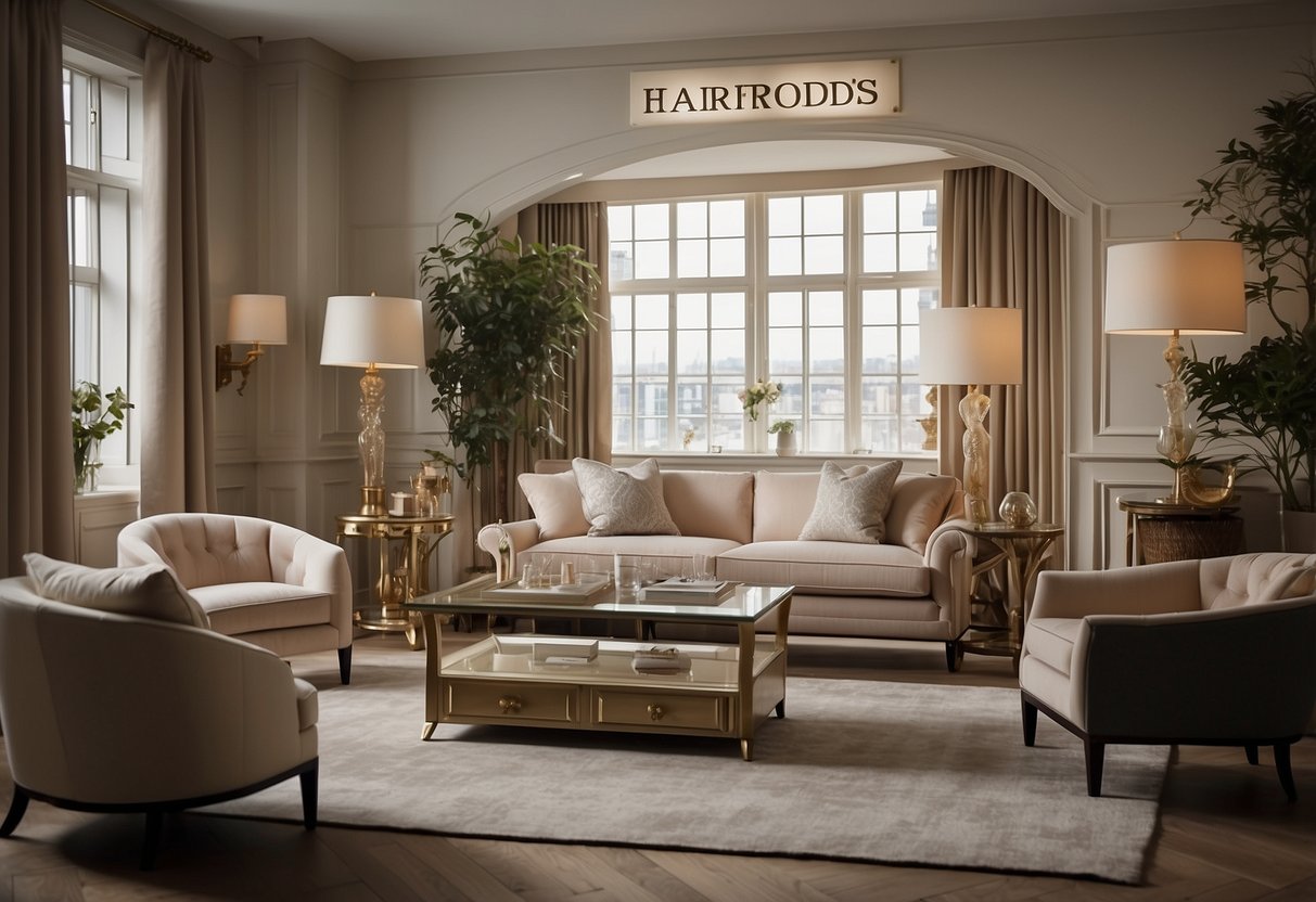 A room filled with various furniture pieces, with a sign reading "Frequently Asked Questions harrods furniture" displayed prominently