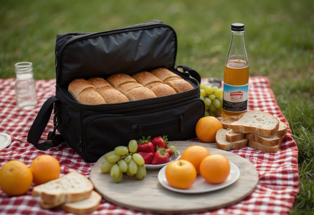 A thermal bag sits on a checkered picnic blanket, filled with sandwiches, fruit, and drinks. A timer nearby shows limited time