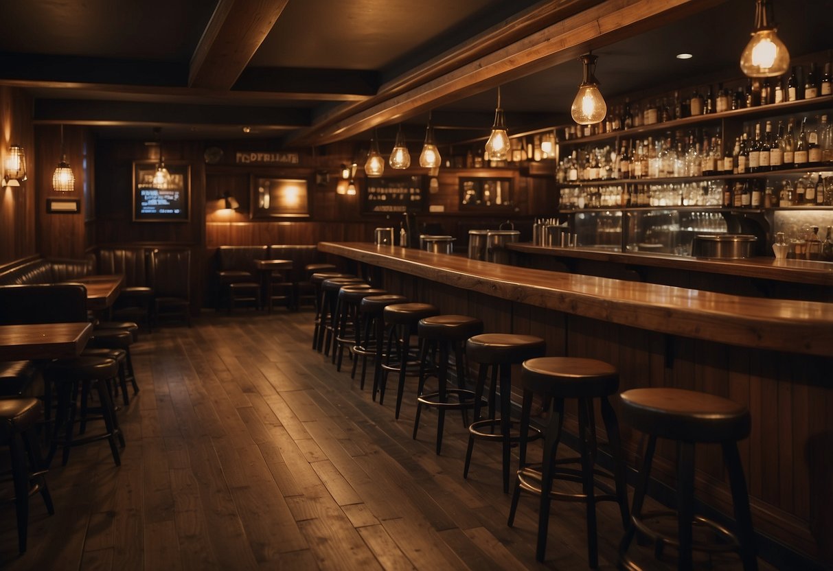 A cozy pub with wooden tables, chairs, and bar stools. Dim lighting and a warm atmosphere. Customers chatting and enjoying drinks